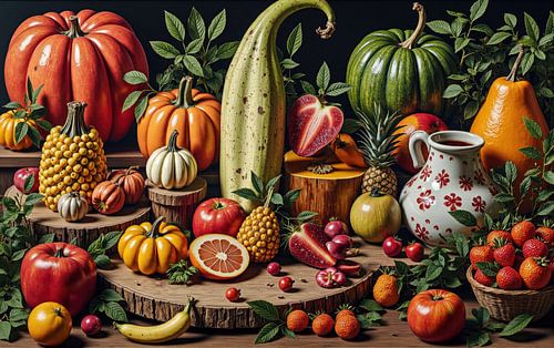 Autumnal Still Life with Pumpkins, Gourds, and Fruits