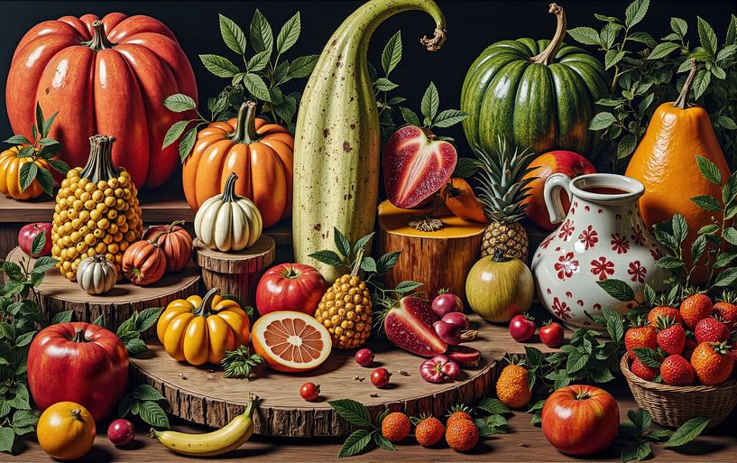 Herbstliches Stillleben mit Kürbissen, Kürbissen und Früchten von Markus Gann