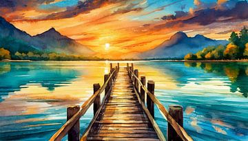 Sonnenuntergang am See mit Holzsteg im Berg, Kunstdesign von Animaflora PicsStock