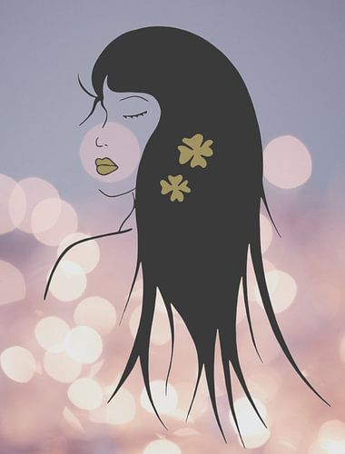Flower power bokeh - girl with golden flowers in black hair