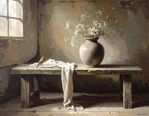 Rotkehlchen an Vase mit Blumen - Landhausstil