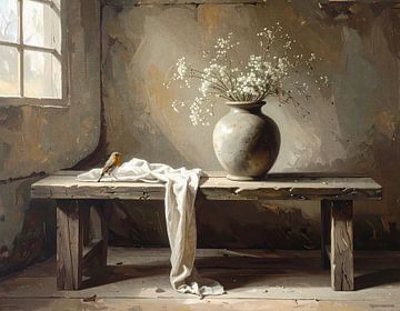 Rotkehlchen an Vase mit Blumen - Landhausstil