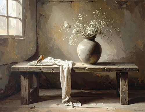 Roodborst bij vaas met bloemen - landelijke stijl