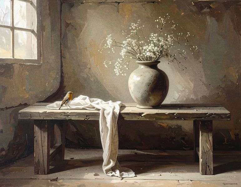 Rotkehlchen an Vase mit Blumen - Landhausstil von Emiel de Lange