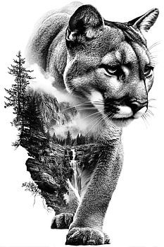 Couguar des montagnes avec cascade, dessin vintage