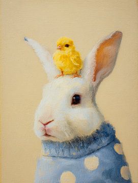 Adorable lapin avec poussin aux couleurs douces du printemps