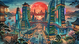 Une ligne d'horizon futuriste à Tokyo, alliant le patrimoine traditionnel japonais à l'architecture moderne sur my pixel art