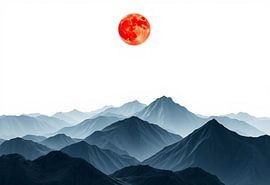 Karminroter Mond über mystischen Indigo-Bergen - Eine ruhige und dramatische digitale Kunstlandschaft von Artistic