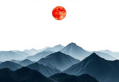 Karmijnrode maan boven mystieke Indigobergen - Een sereen en dramatisch digitaal kunstlandschap