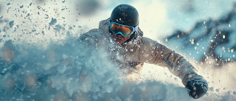 Snowboarder im Pulverschnee schwingend von Poster Art Shop