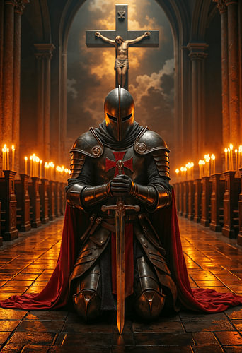Dark Fantasy Wandbild: MORDEGAR - Ein Kreuzritter bei einem Gebet in der Kathedrale