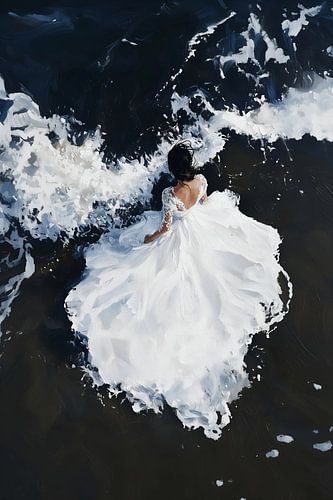 Frau im weißen Kleid am Meeresufer
