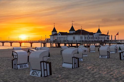 Pier on Ahlbeck beach at sunrise