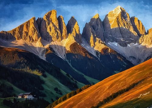 uitzichtDe Dolomieten badend in het gouden licht van de ondergaande zon