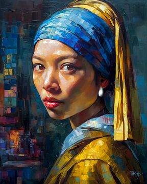 Modern Girl with a Pearl Earring X Vermeer palette knife by René van den Berg