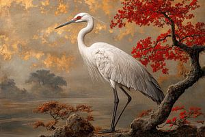 Japanischer Kranich in Landschaft
