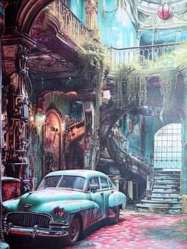 Cuba Vintage auto in de patio van een verlaten villa van gm_designs