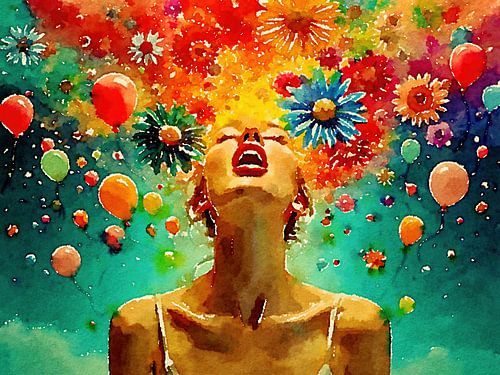 Woman with flowers and balloons