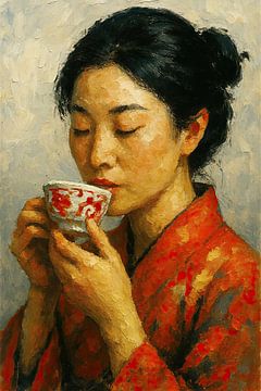 Ochtendthee ( Aziatische vrouw drinkt thee kimono portret schilderij uitrusten stilte)