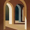 Refugium, retro architectuurschilderij in bronsbeige groen van Mad Dog Art