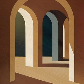 Refugium, Retro Architektur Gemälde in Bronze Beige Grün von Mad Dog Art