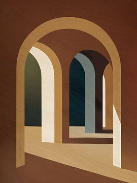 Refugium, retro architecture painting in bronze beige green