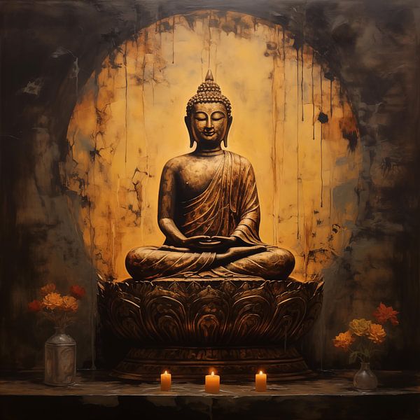 Buddha(boeddha) in bloemen donkergeel van TheXclusive Art