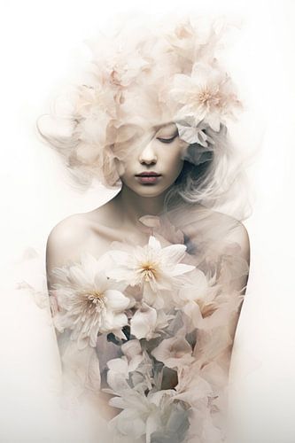 Vrouwelijk portret met pastelbloemen, dromerige compositie.