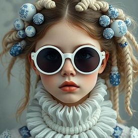 A portrait of a young girl dutch delft blue modern style. by J.a Dijkstra