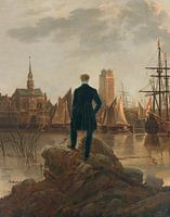 De wandelaar kijkt naar Dordrecht bij zonsondergang