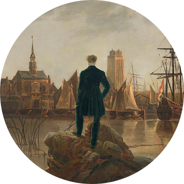 De wandelaar kijkt naar Dordrecht bij zonsondergang