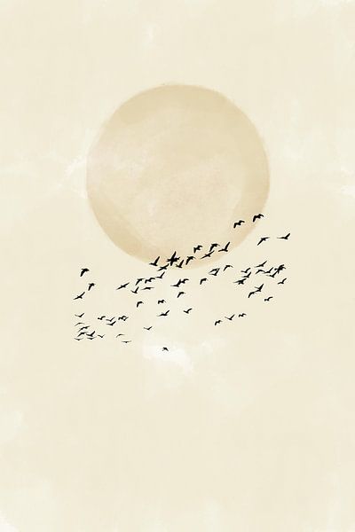 Minimalist Moonlight: Birds in Flight - Japandi Digital Wall Art by Rozy art