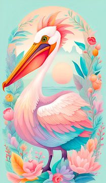 Pelican with flowers by Niek Traas