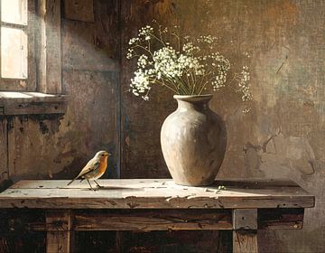 Rotkehlchen bei Steinvase