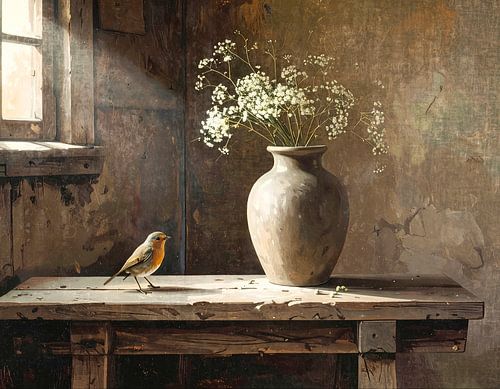 Robin près d'un vase en pierre