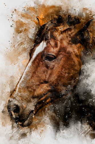 Bruin paard, Aquarel van een paard in bruin, wit, zwart en koper