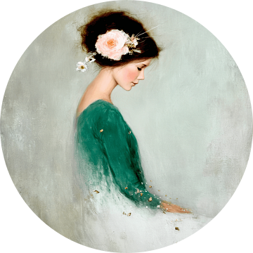 Dromerig portret van een jonge vrouw met bloem in het haar