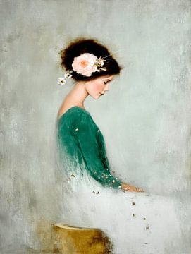 Dromerig portret van een jonge vrouw met bloem in het haar