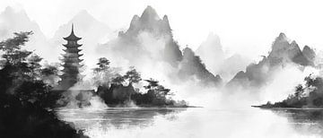 Mountain landscape with pagoda - watercolour style by Poster Art Shop