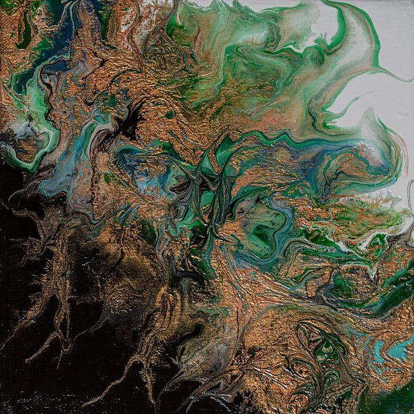 Abstract, organisch groen koper acryl gieten schilderij van Anita Meis