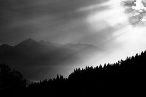 Photo en noir et blanc des bois de soleil et des sommets alpins sur Hidde Hageman