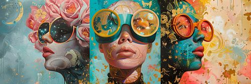 Drieluik van vrouwelijke portretten als digitaal panorama schilderij