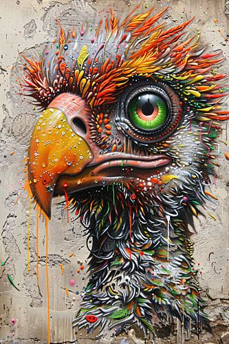 Kleurrijke surrealistische vogel met grote oogdetails