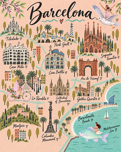 Carte touristique illustrée de Barcelone