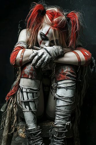 Horror-Harlekin sitzt verzweifelt in einem dunklen Raum