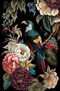Ein Vogel mit Blumen und dunklem Hintergrund