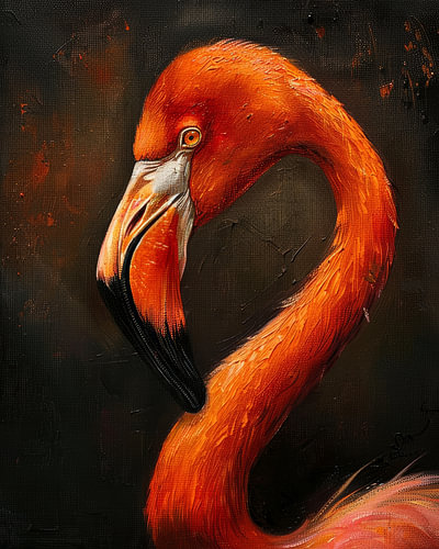 Flamingo Portrait in Fiery Orange on a Dark Background