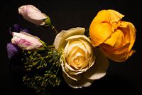 2 roses and 2 colors of hibiscus