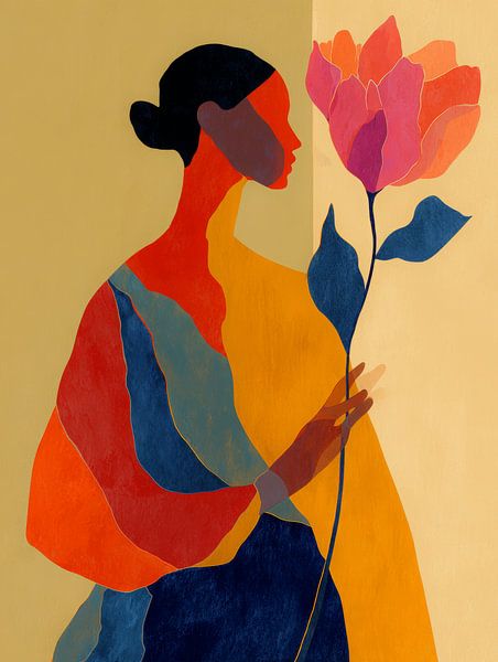 Abstract portrait of woman with flower in warm and bold colours by But First Framing