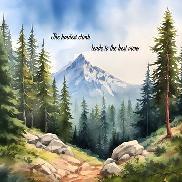 Landschap met berg en bos - aquarel - met tekst van Jan Bechtum